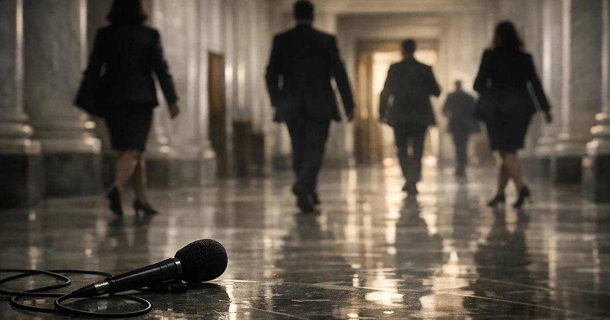 Silhouetted figures walking away from an abandoned microphone in an empty government building hallway