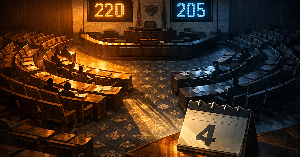 Split-lit legislative chamber with empty desks and voting numbers 220-205 displayed on wall with December calendar