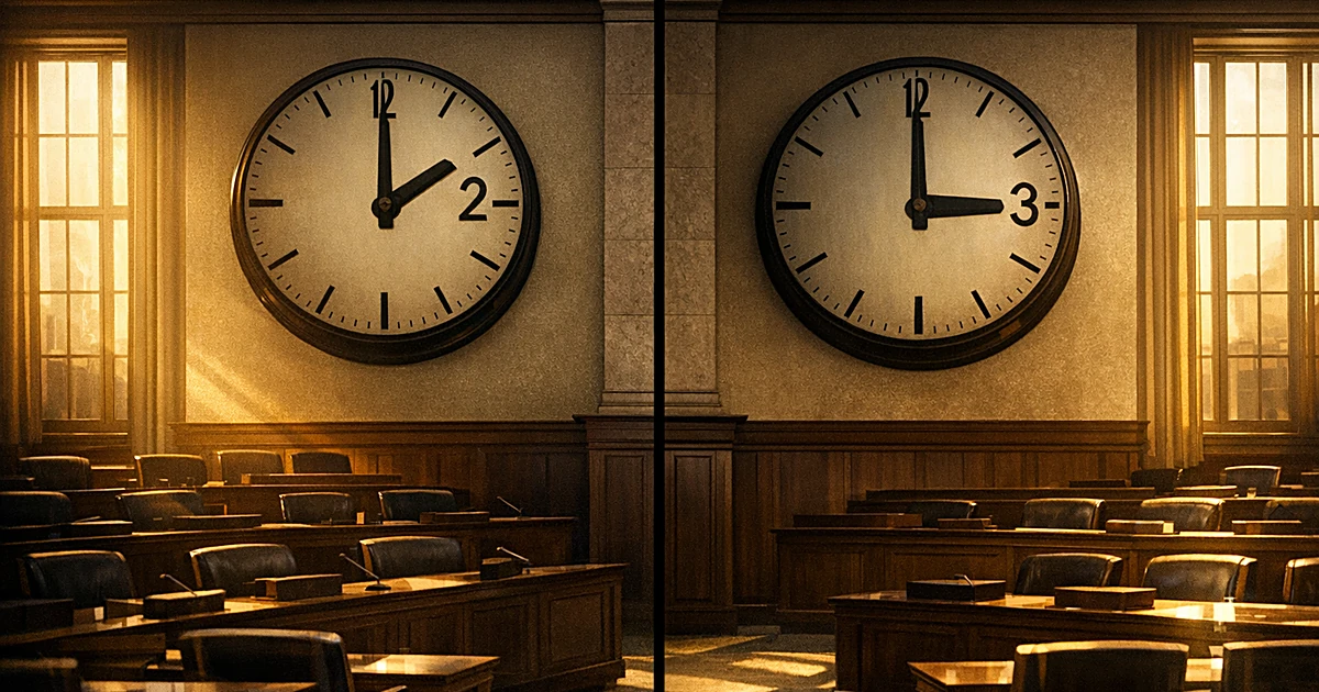 Two clocks showing different times in an empty legislative chamber with dramatic sunlight streaming through windows