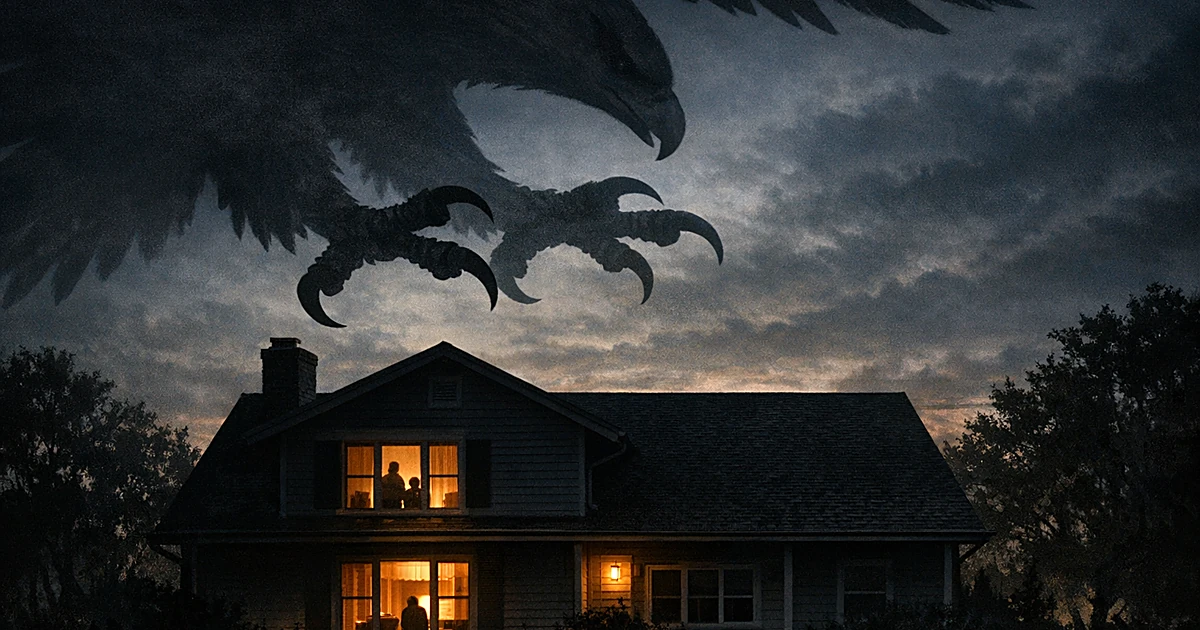 Eagle with extended talons casting shadow over a house, symbolizing protective measures against threatening oversight