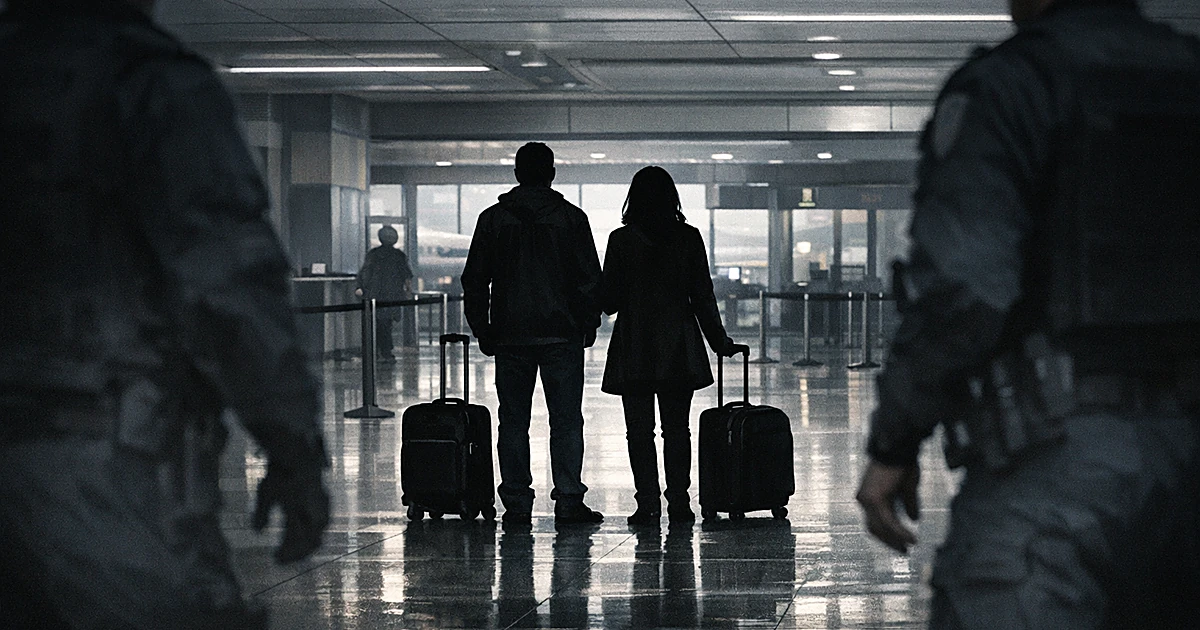 Silhouetted travelers with luggage confronted by uniformed officers in airport terminal with security barriers