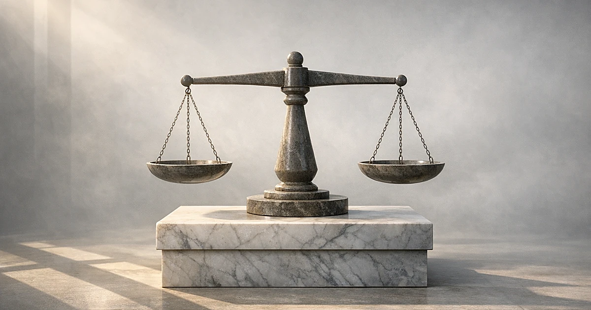 Abstract stone balance scale on pedestal with soft lighting and geometric shadows