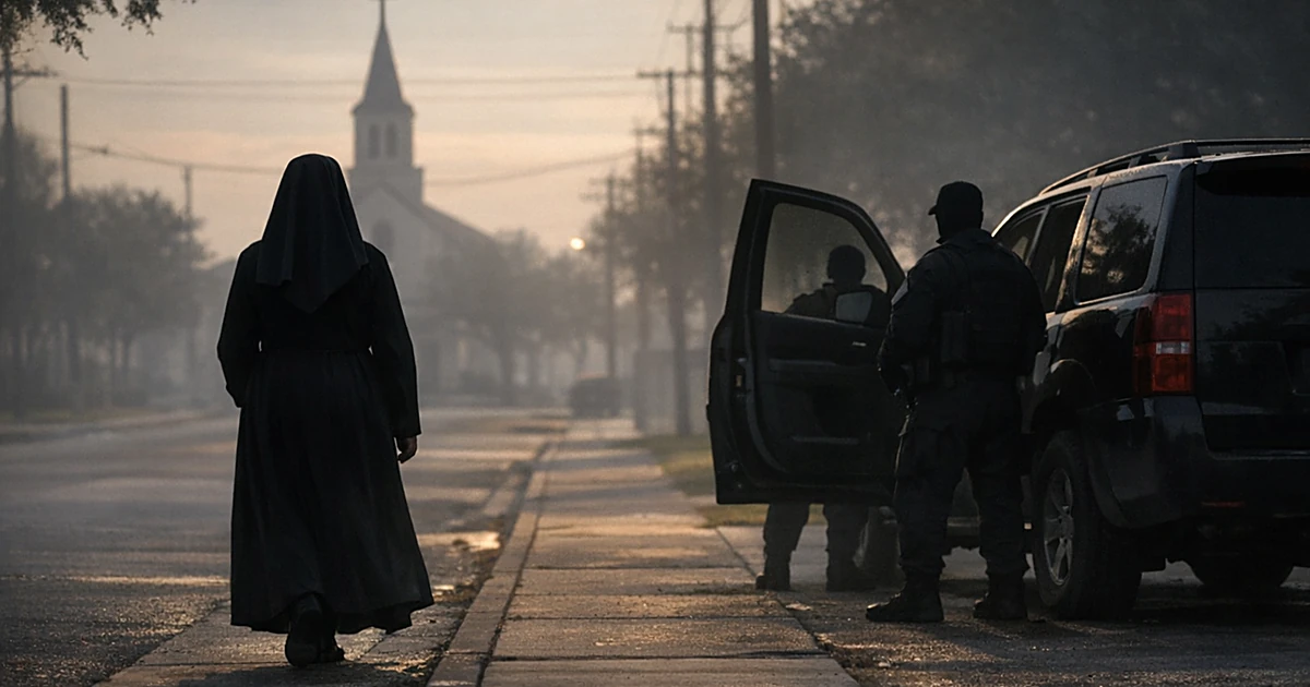 Silhouette of nun walking toward church as figures stand beside vehicle on empty street in morning light