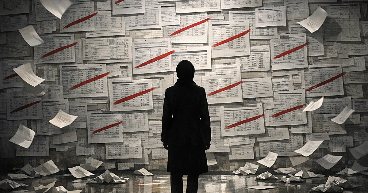 Silhouetted person facing wall of financial documents with crossed-out numbers and falling papers