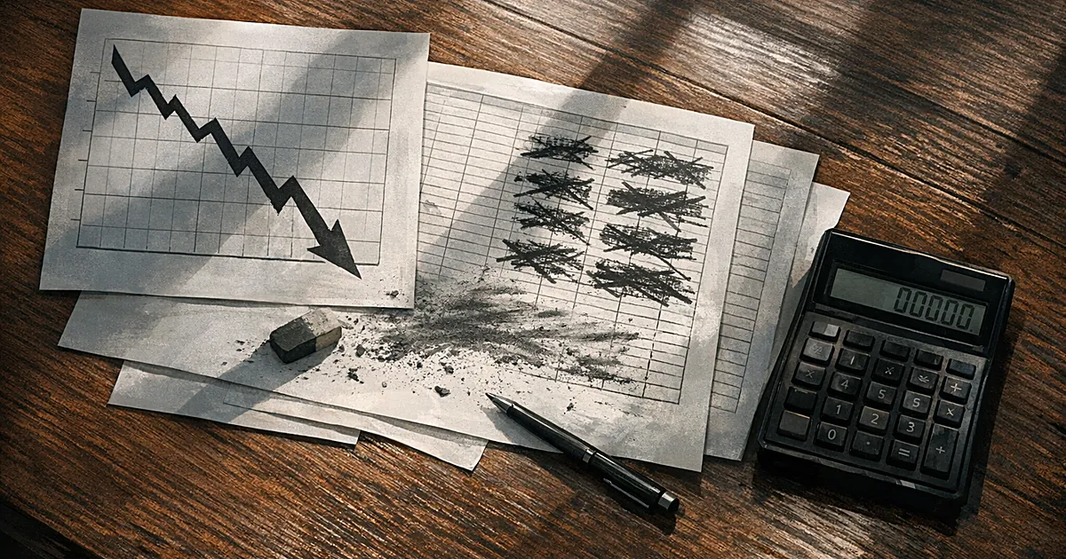 Desk with financial documents showing declining graphs, calculator displaying zeros, and erased paperwork