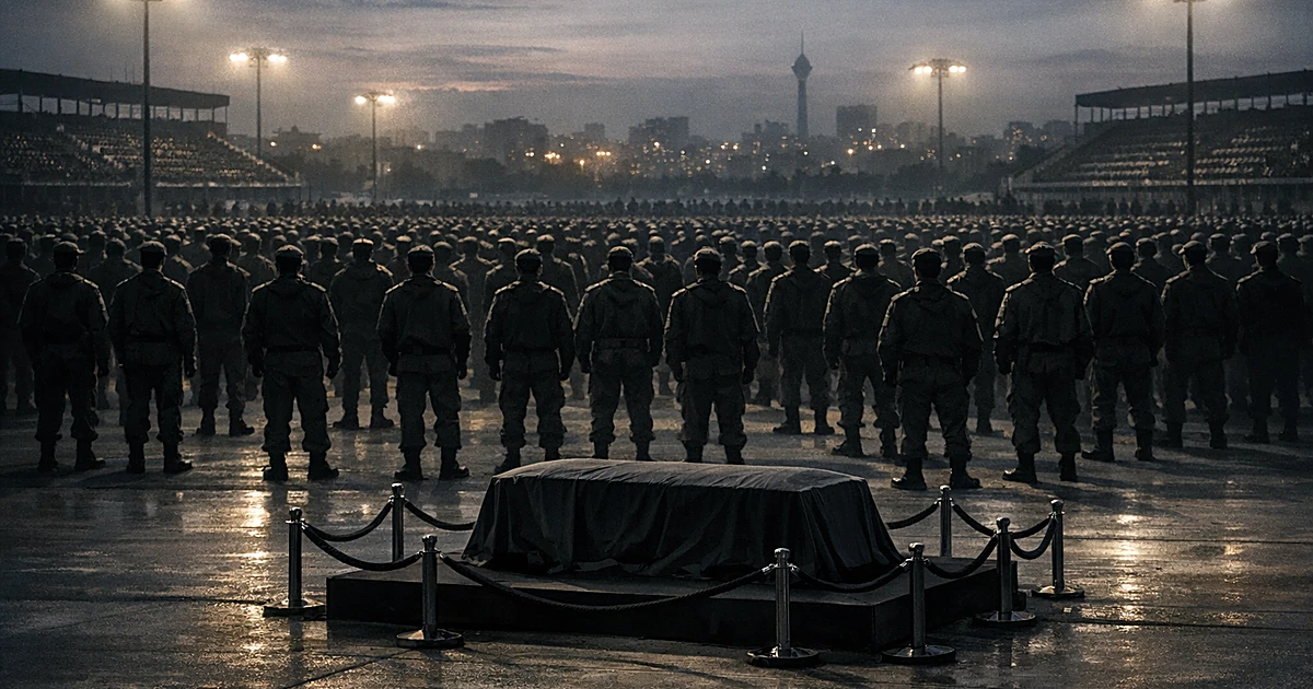 Silhouetted militia formations surrounding a draped casket on a platform in an empty urban plaza at dusk