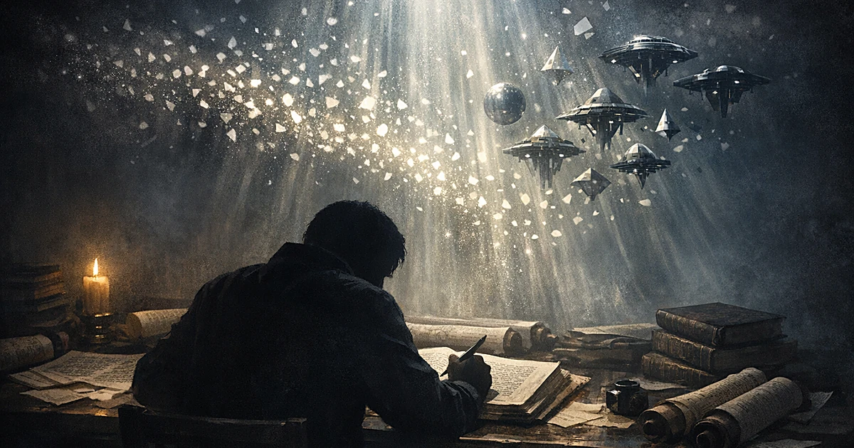 Silhouetted translator at desk with Hebrew manuscripts as light splits into multiple beams above, symbolizing reinterpretatio