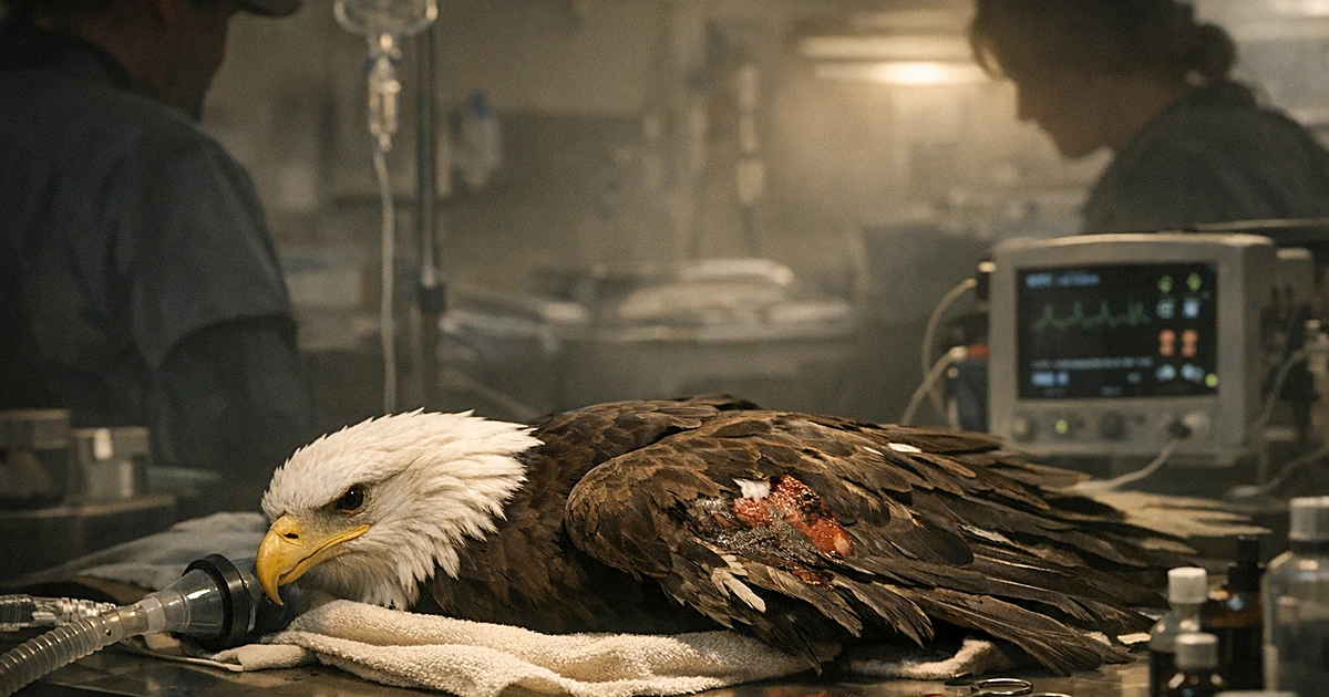 Injured bald eagle receiving care in wildlife rehabilitation center with medical equipment nearby