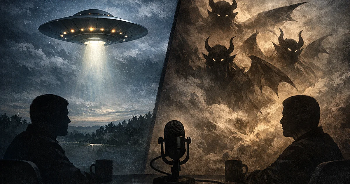 Split scene showing UFO transforming into demonic figures with podcast microphone silhouettes in foreground