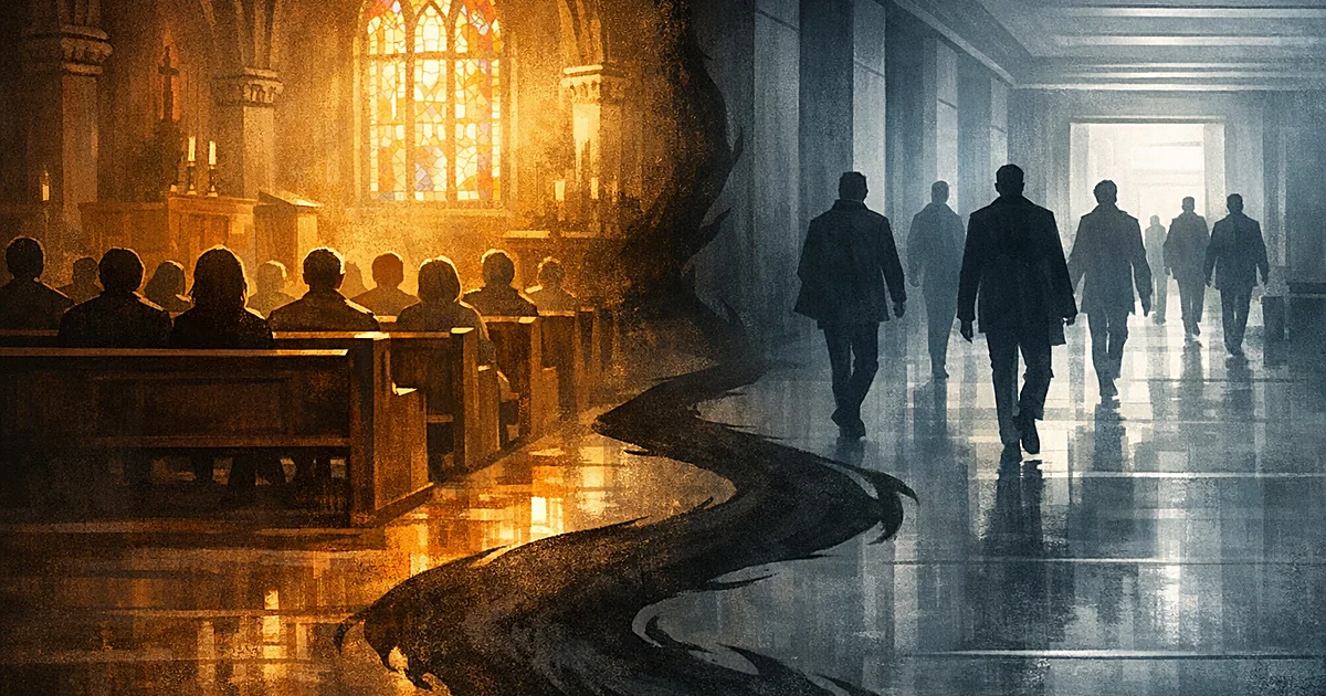 Church interior split between warm worship space and cold civic hallway with shadowy figures and serpentine divide