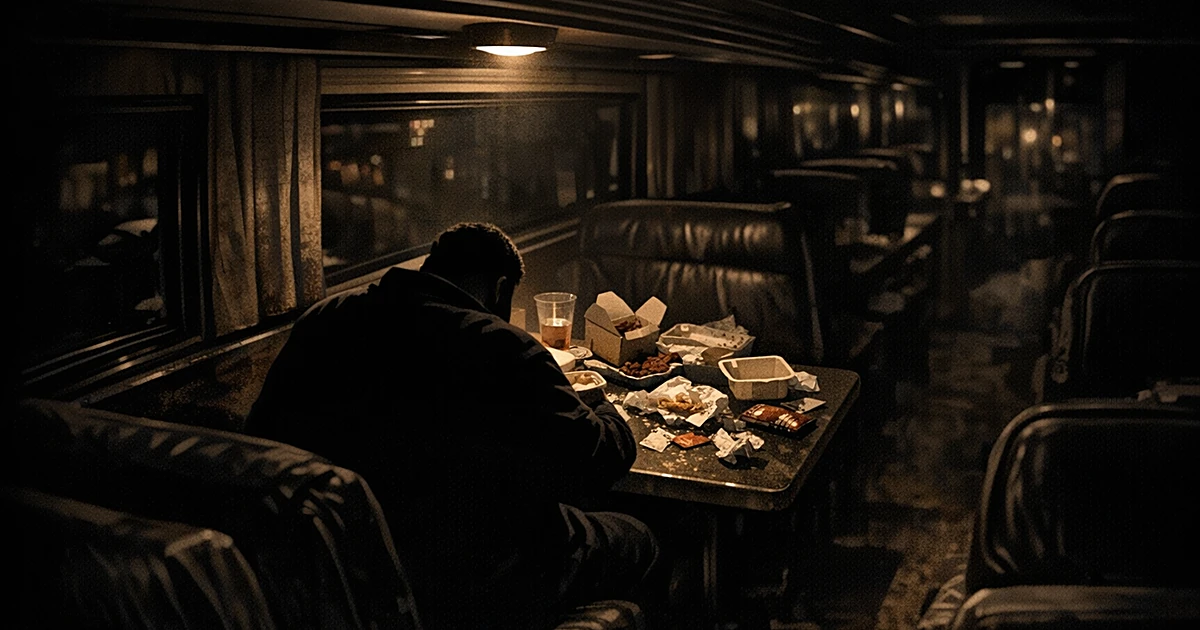 Silhouetted figure alone at table covered with empty food containers and wrappers in dim tour bus interior