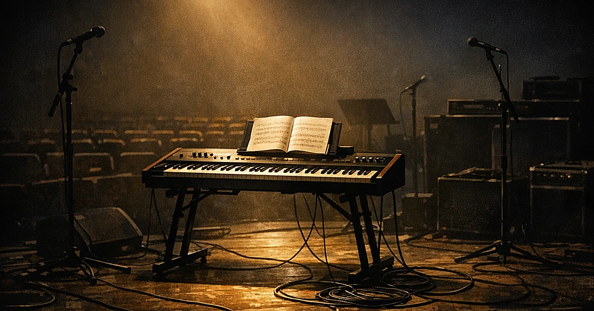 Illuminated keyboard on empty stage with microphone stands and amplifiers in shadows, vacant seats in background
