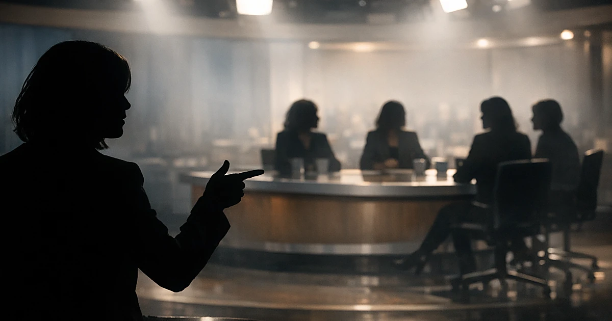 Silhouetted figures at a television studio desk in dramatic lighting during a political discussion