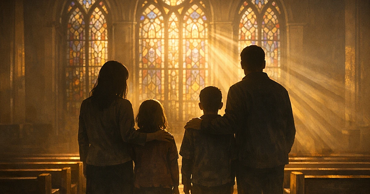 Silhouetted family viewed from behind standing together in church with stained glass windows casting colorful light