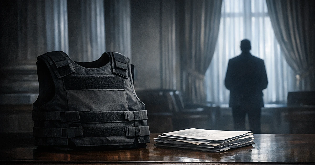 Bulletproof vest on desk in columned chamber with silhouetted figure at window, conveying security concerns