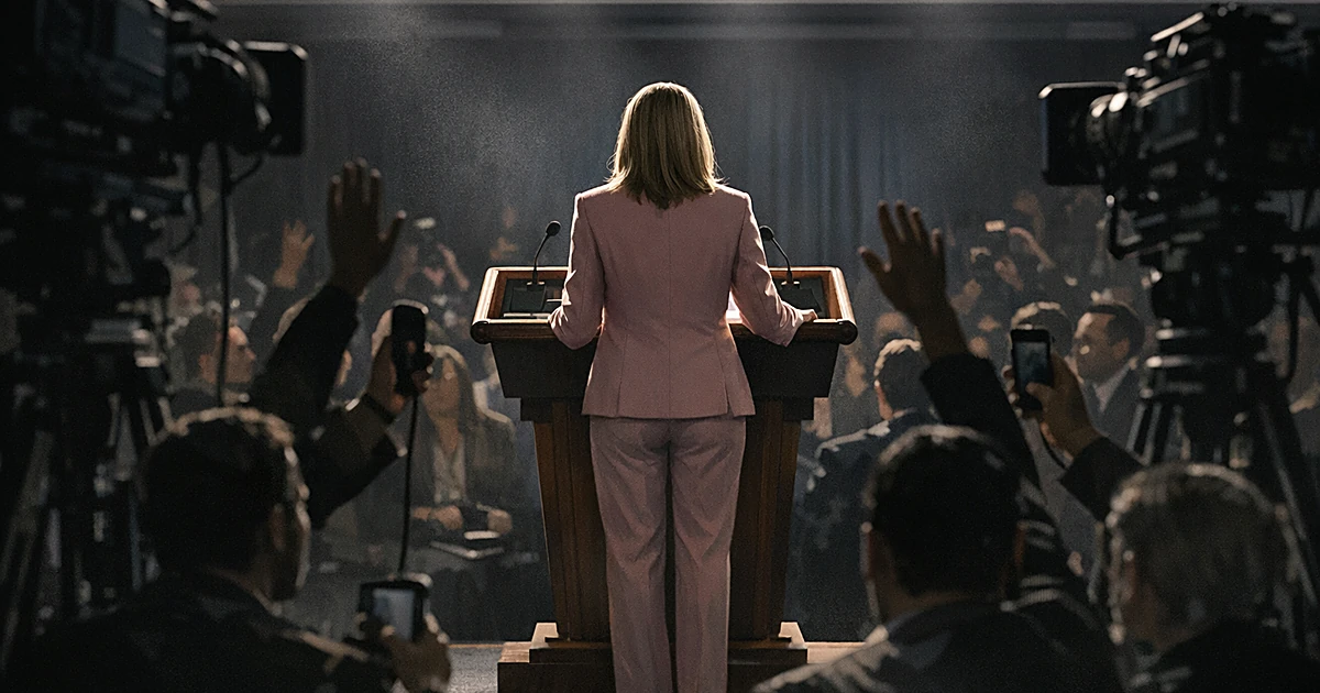 Silhouette of person in pink suit at podium facing crowd of journalists with raised hands in briefing room
