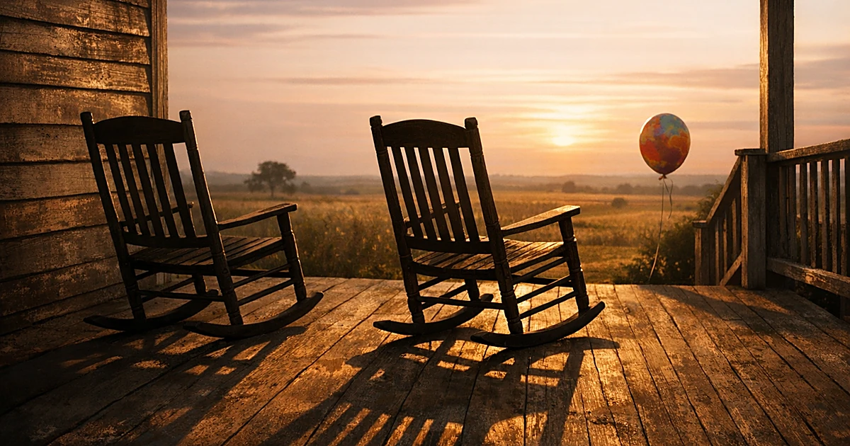 Two empty rocking chairs angled apart on a farmhouse porch at dusk with a birthday balloon in the background