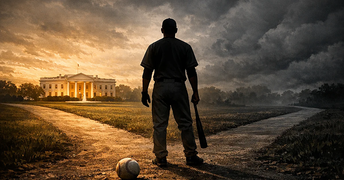 Silhouetted baseball player at crossroads between columned building and darkness with storm clouds overhead