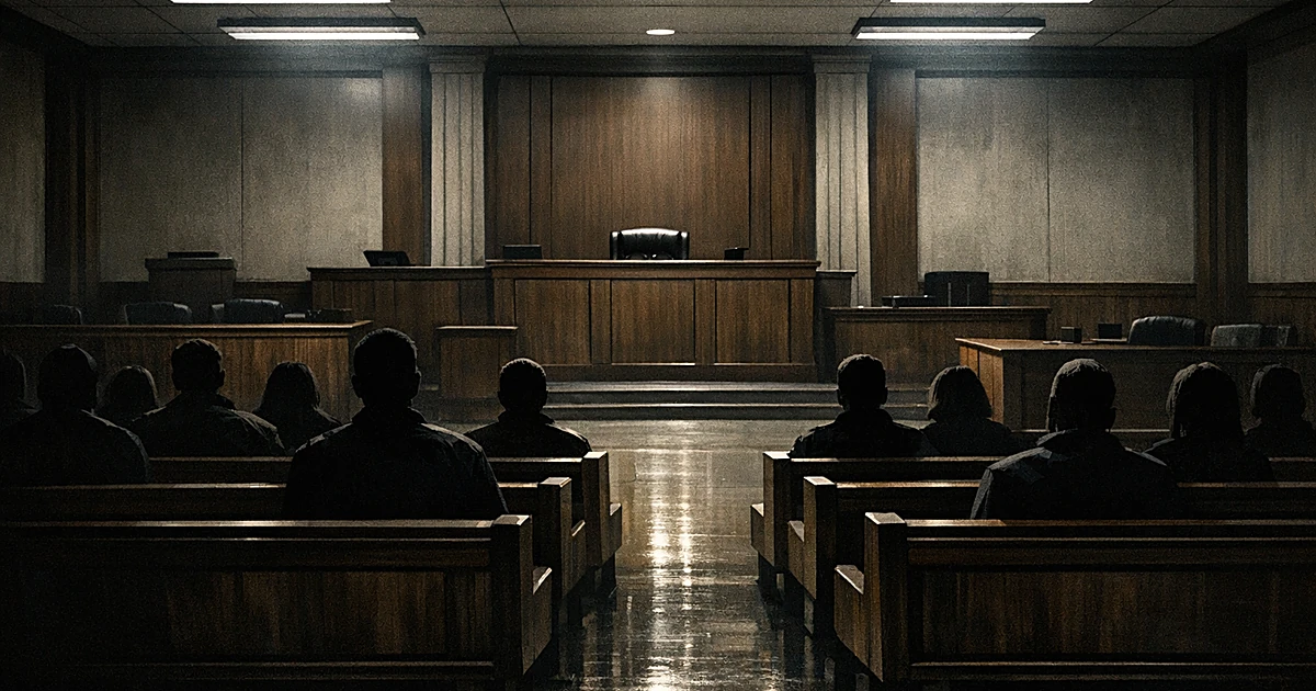 Silhouetted figures in courtroom gallery facing empty judge's bench with dramatic lighting and shadows