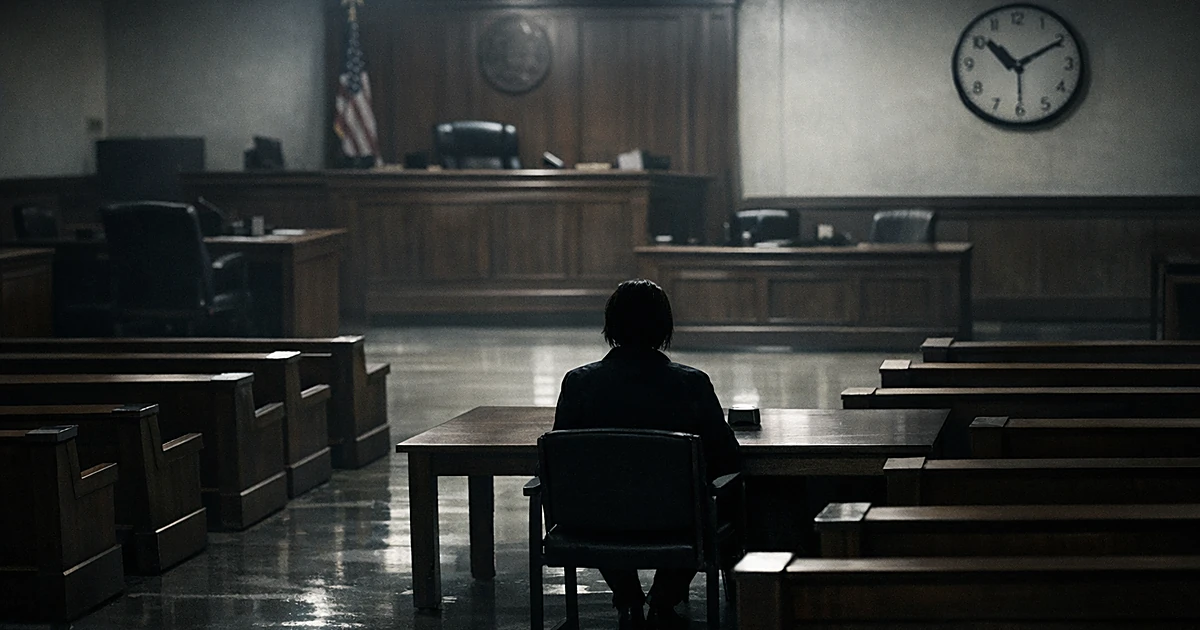 Empty courtroom with silhouetted figure at defendant's table viewed from behind under harsh fluorescent lighting