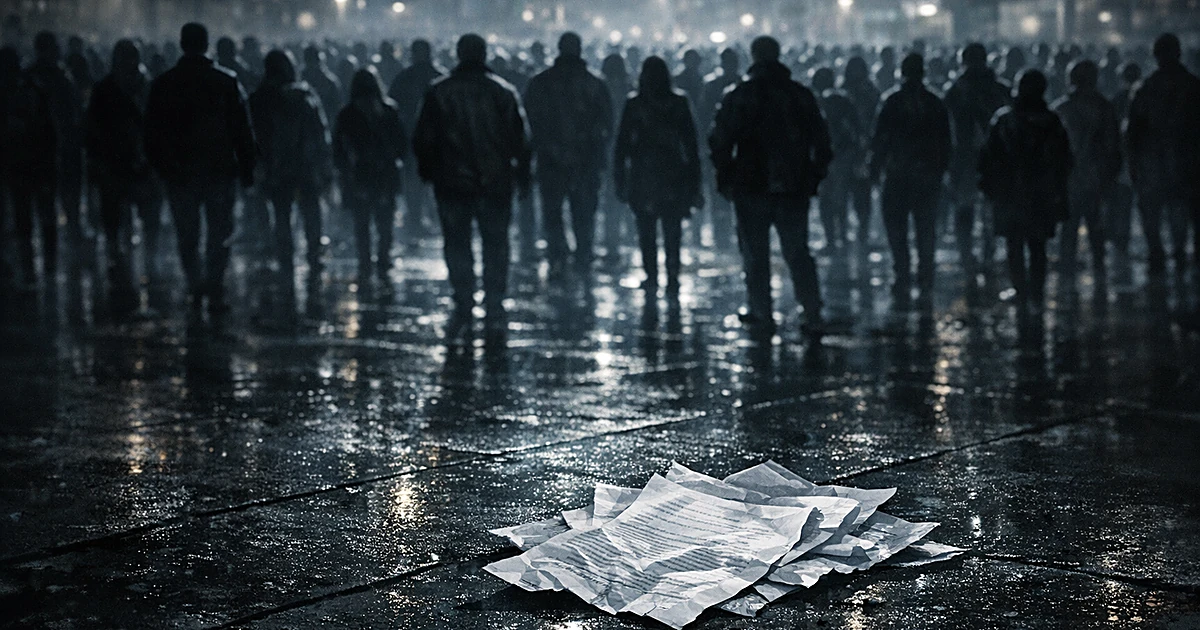 Silhouetted crowd fills plaza from above with scattered document pages on wet pavement in foreground