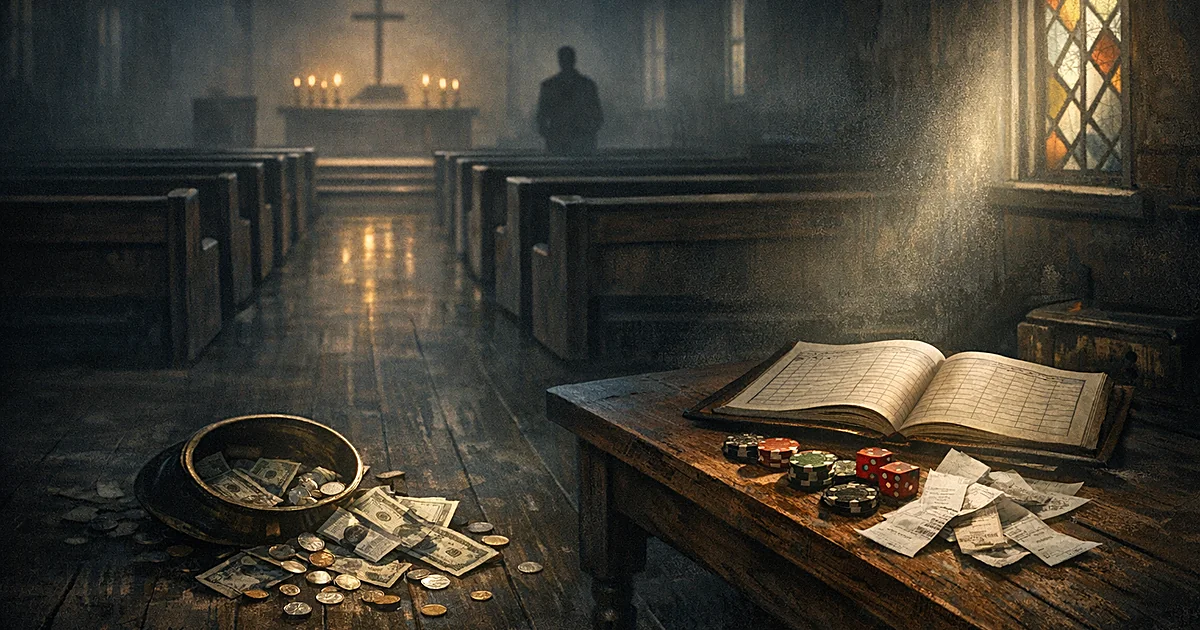 Empty church interior with overturned collection plate, scattered money, casino chips and receipts on table