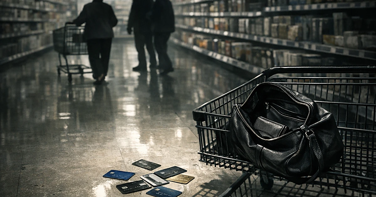 Open purse in shopping cart with credit cards scattered on grocery store floor, silhouetted shoppers in background