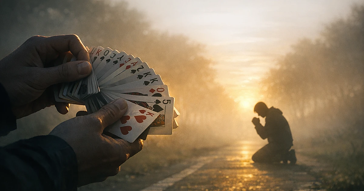 Silhouette praying on path with hands performing card trick in foreground at dawn