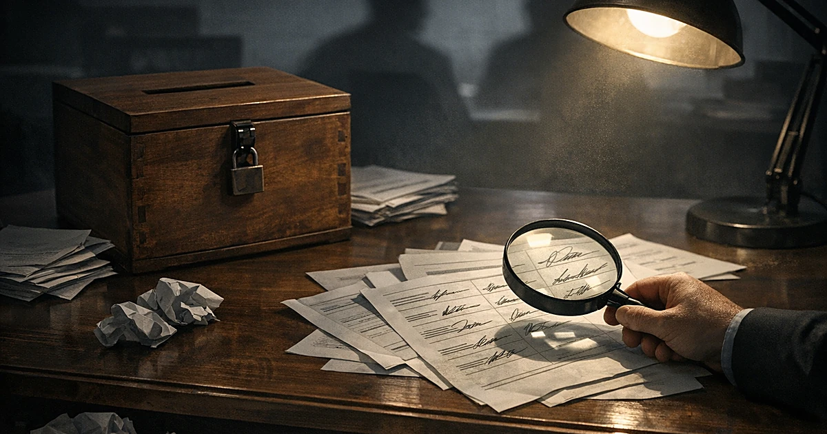Hand with magnifying glass examining signature documents near ballot box with discarded papers on floor