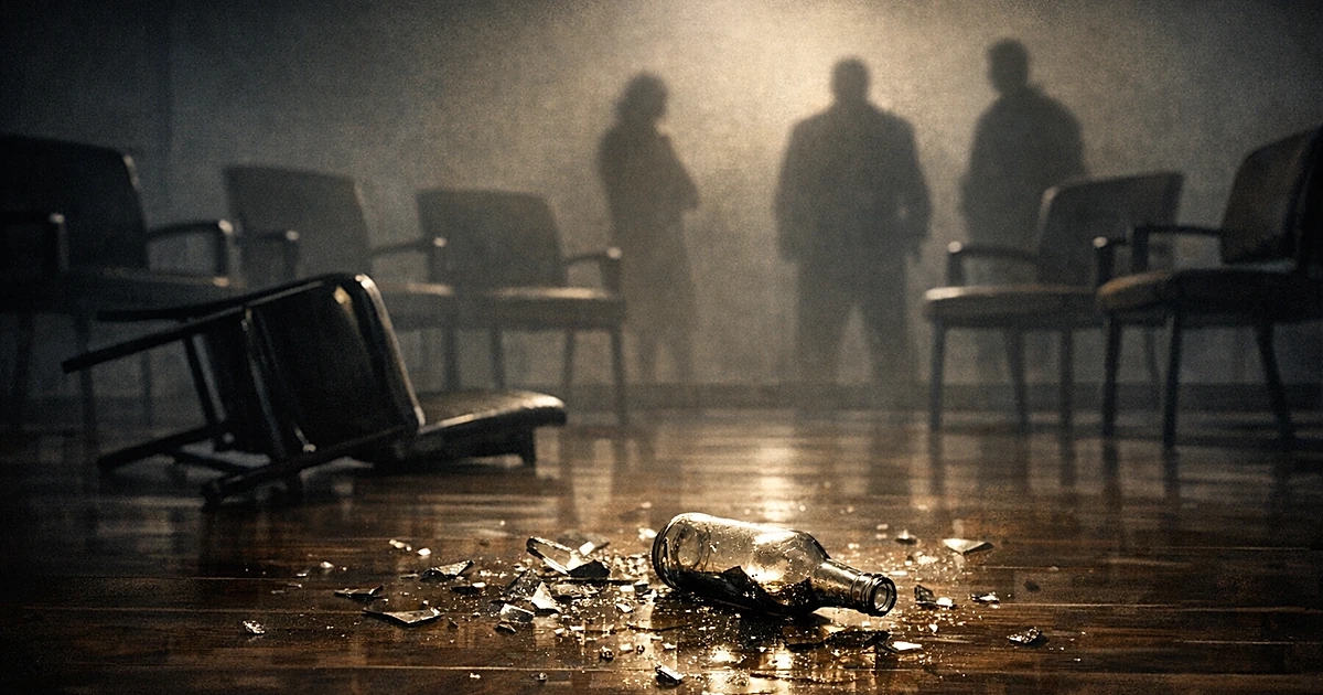 Empty meeting room with overturned chair and shattered bottle on floor surrounded by scattered glass fragments