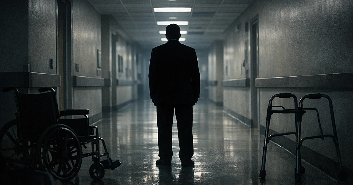 Figure from behind in hospital corridor with wheelchair and walker in foreground, facing empty hallway