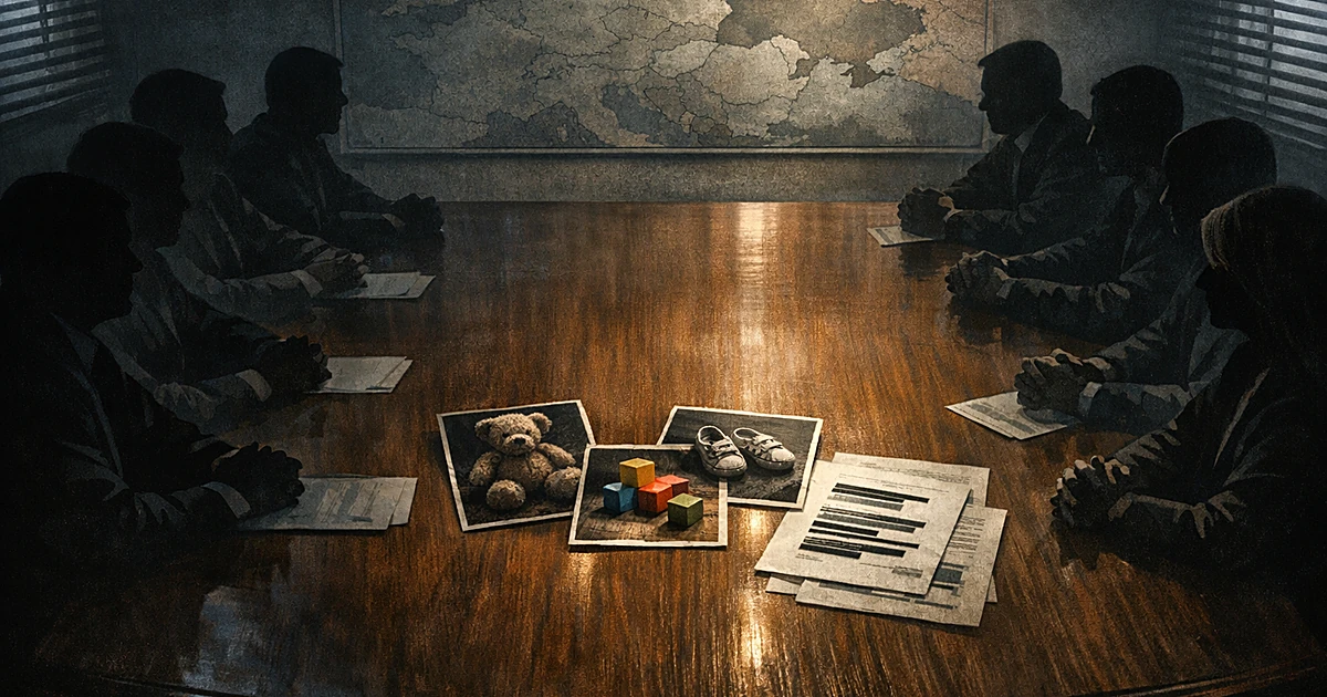 Silhouetted figures at negotiation table with children's belongings and documents between them, map visible behind