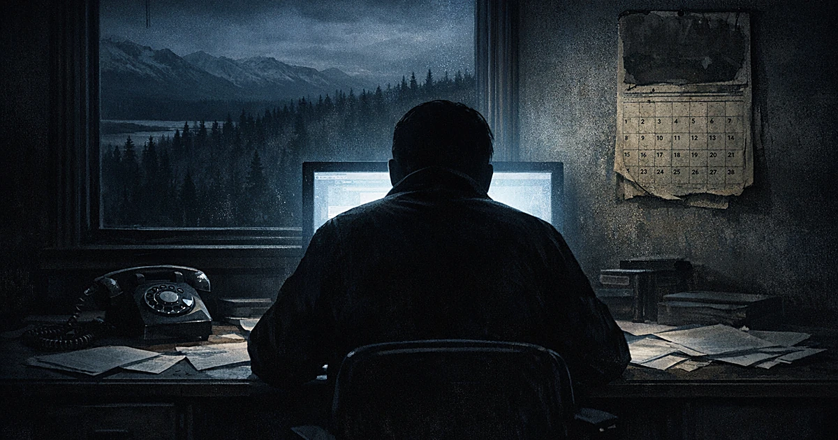 Silhouetted person at computer desk with phone, papers, and window showing dark wilderness landscape