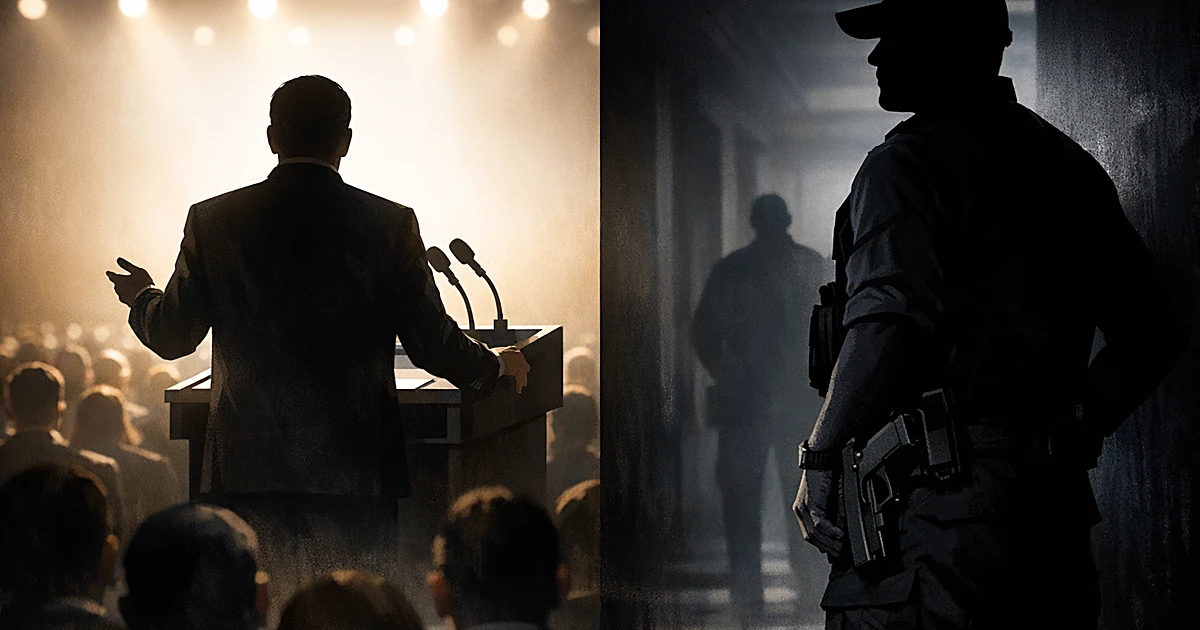 Silhouetted speaker at podium with armed security guard standing watch in shadows, illustrating security contradiction