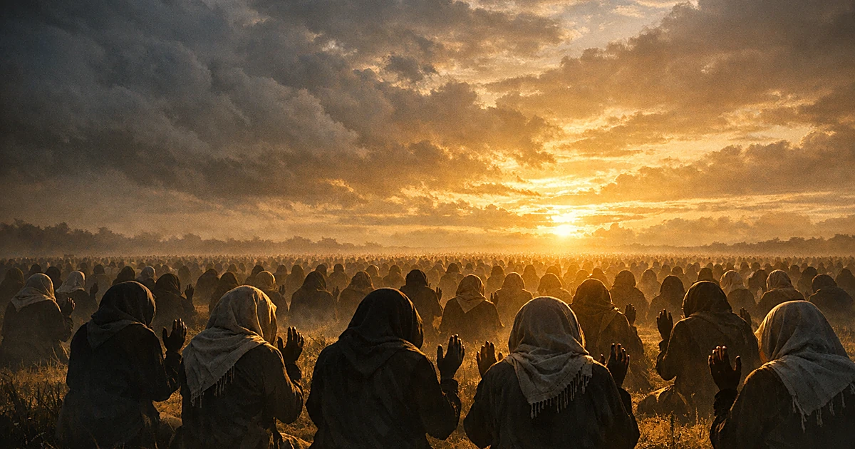 Silhouettes of thousands of women kneeling in prayer across a field at dawn with dramatic sky above