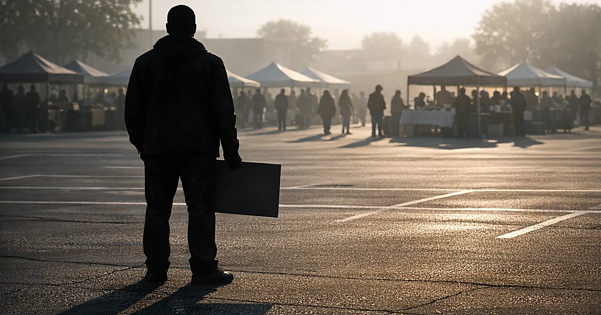 Silhouette of person holding blank sign in parking lot with farmers market tents in background