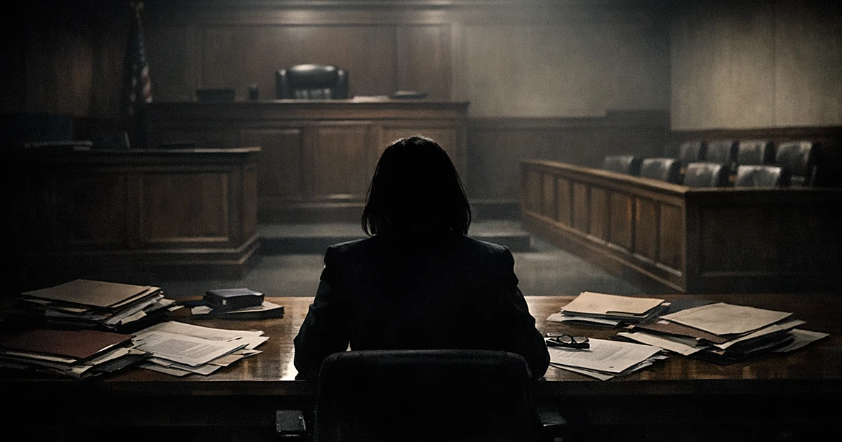 Empty courtroom with silhouetted figure at prosecutor's table surrounded by scattered files in dramatic lighting