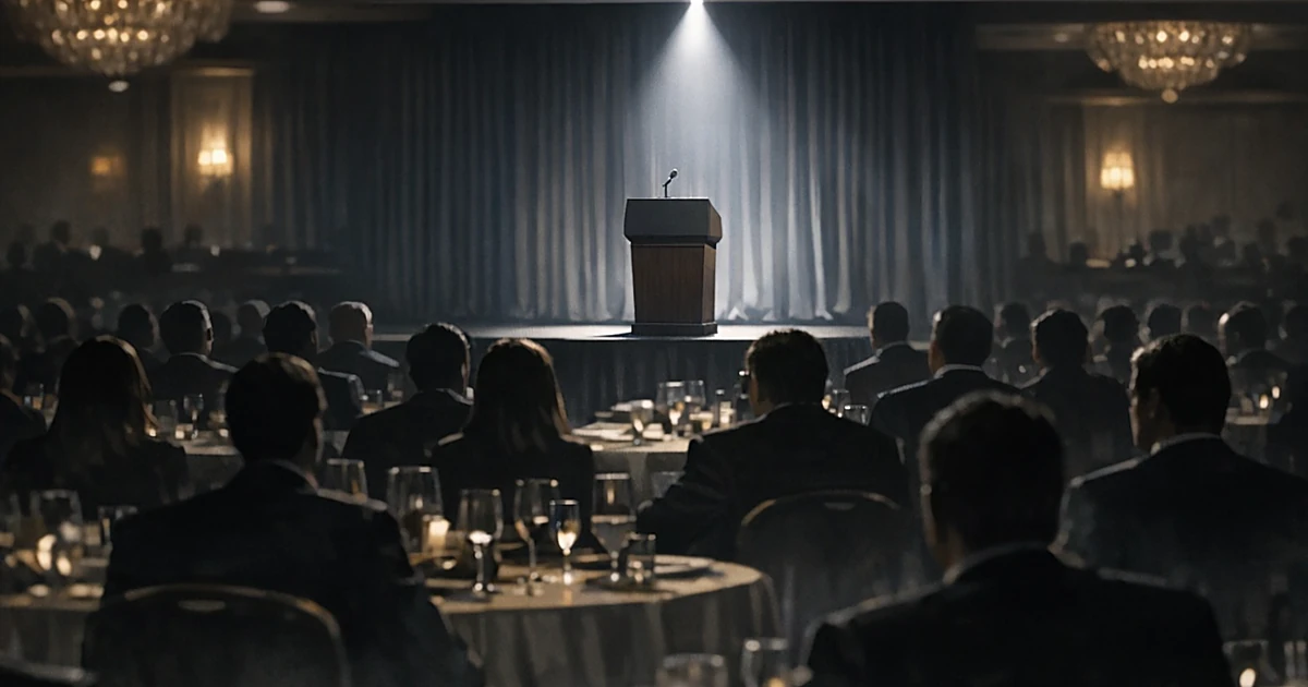 Silhouetted journalists seated in ballroom facing empty illuminated podium, viewed from behind