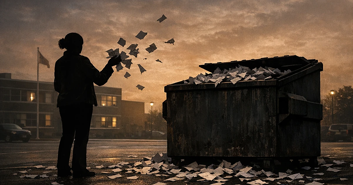 Silhouette of person at dumpster with torn ballot papers scattered on ground near school building at dusk