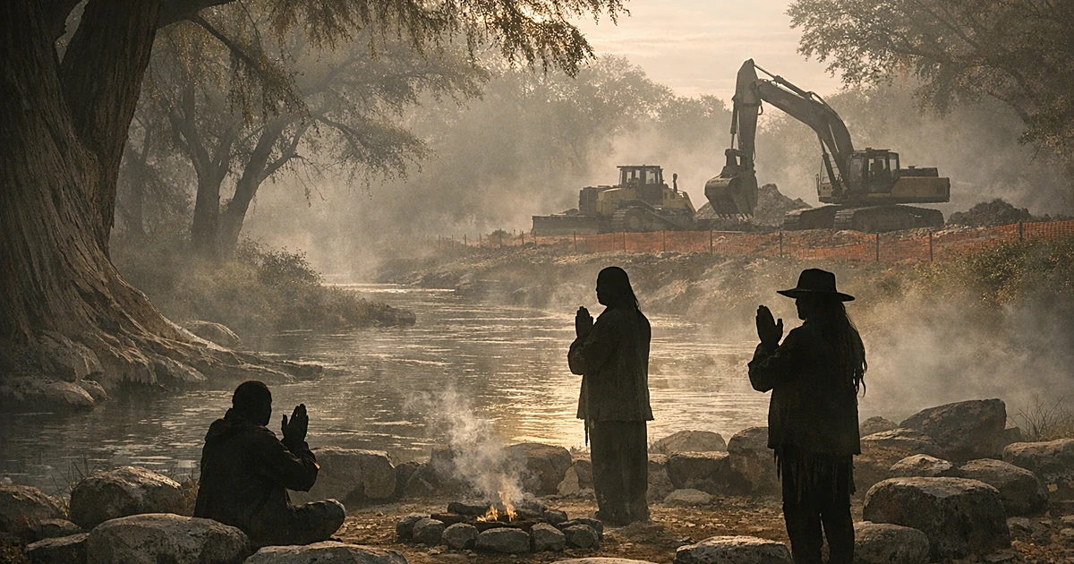 Silhouetted worshippers at riverside sacred site with construction equipment looming in background