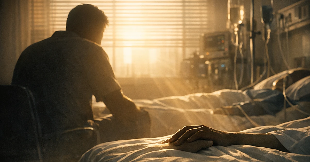 Silhouetted figure beside hospital bed reaching to hold patient's hand in sunlit room with medical equipment