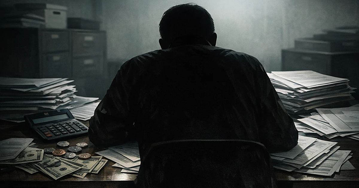 Silhouetted person at desk with immigration forms, calculator, and money under harsh institutional lighting