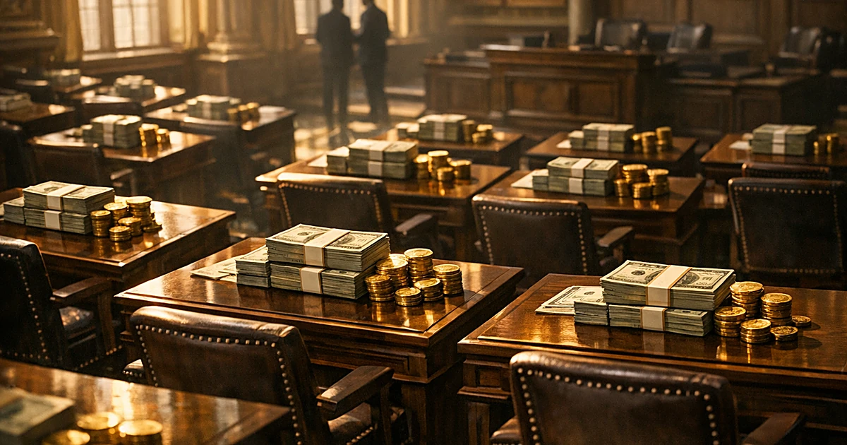 Overhead view of legislative chamber desks covered with stacks of money and coins in dramatic lighting