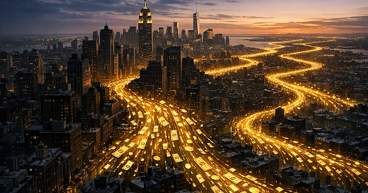 Aerial view of city skyline with streams of glowing money flowing away from buildings into the distance