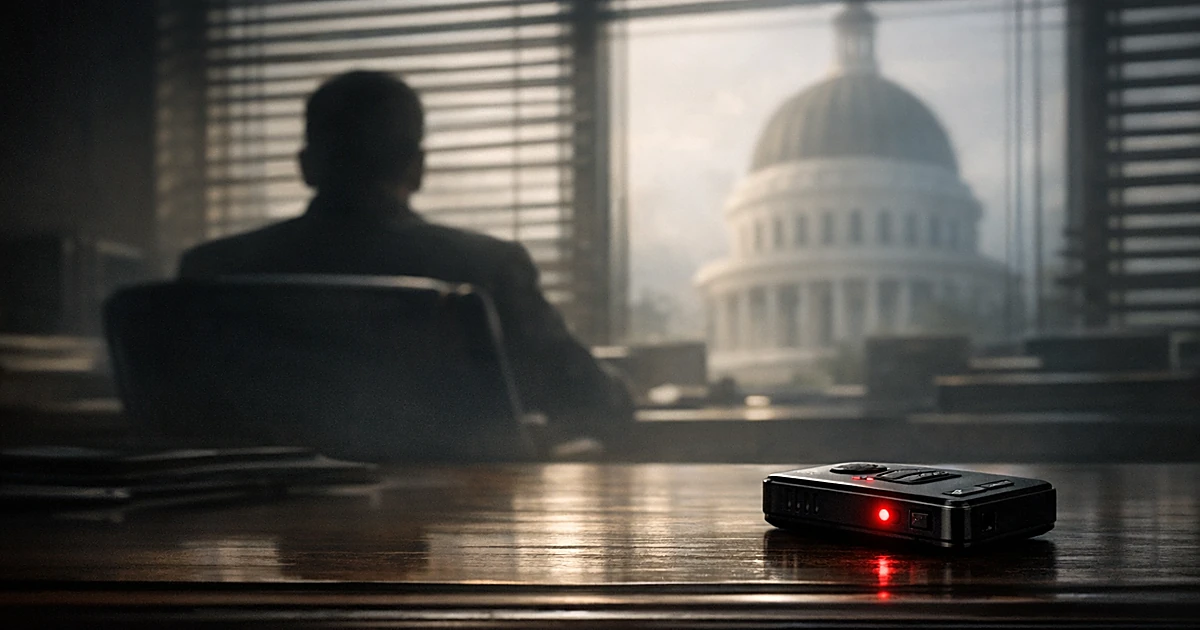 Silhouetted figure at desk with recording device in foreground, government office setting with dramatic lighting