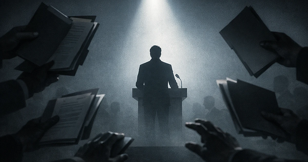 Silhouetted figure at podium in spotlight while shadowy hands holding documents reach toward them from darkness