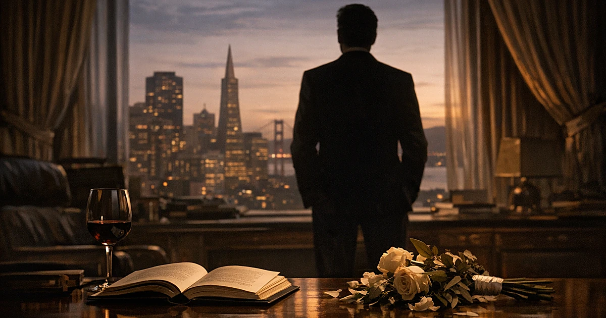 Silhouetted figure in government office with memoir, wine glass, and wilted flowers on desk, San Francisco skyline visible