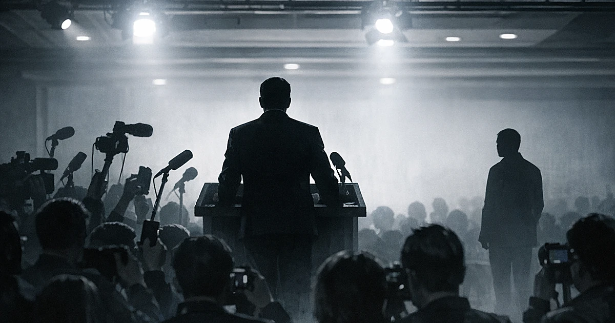 Silhouetted figure at podium facing crowd of reporters with microphones in stark press room lighting