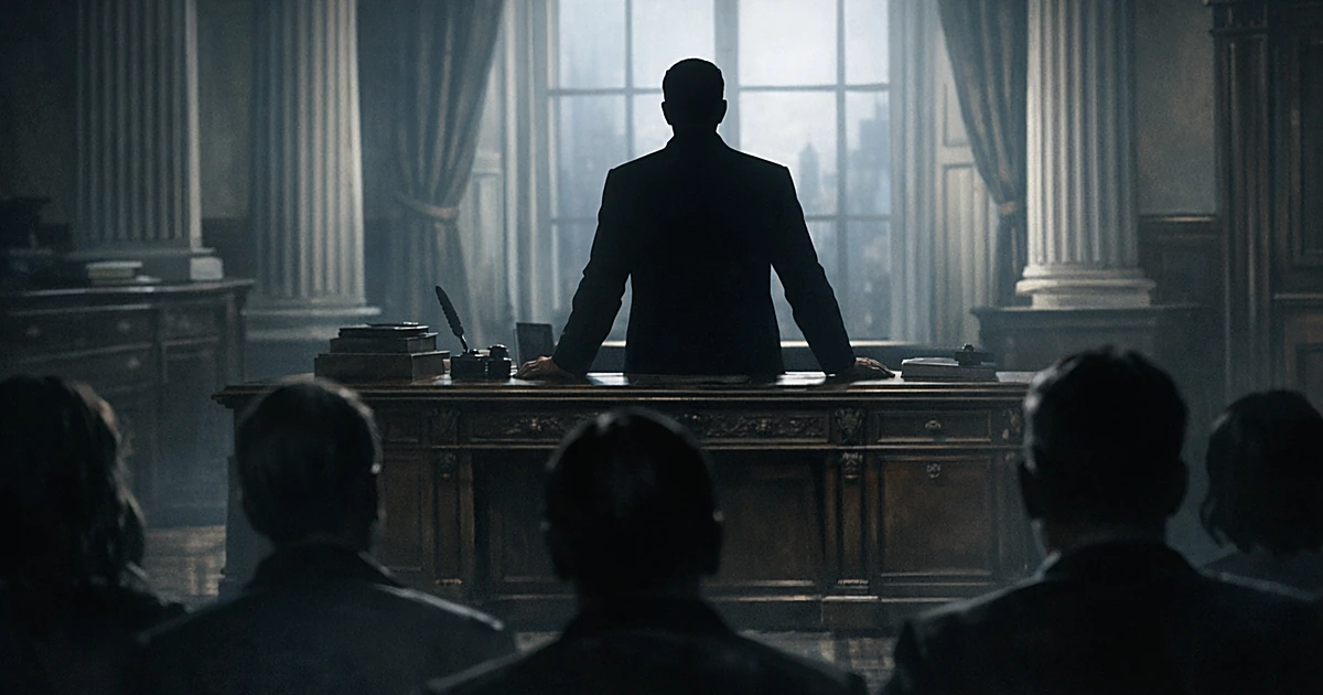 Silhouetted speaker at historic desk addressing audience shown from behind in formal government office interior