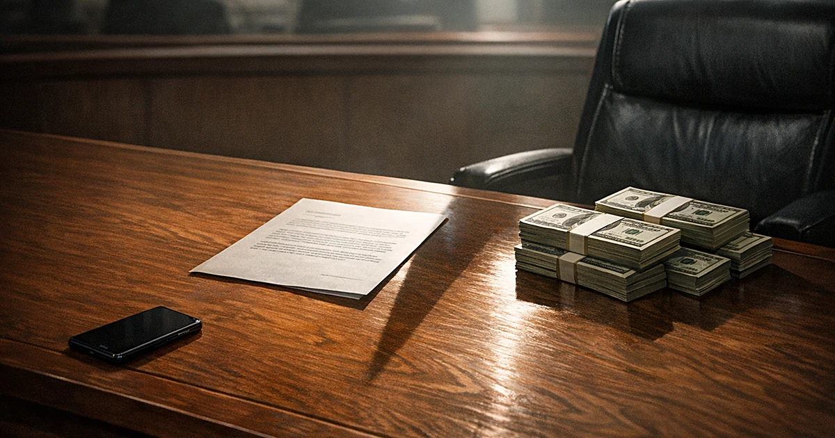 Empty council desk with document, cash stacks, and discarded phone casting shadows in harsh overhead light